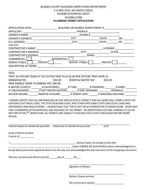 Plumbing Permit Application, Bladen County form, first page