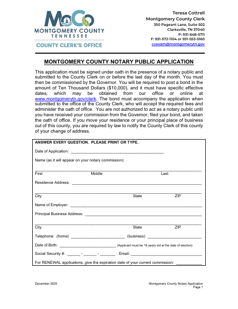 Notary Public Application, Montgomery County form, first page