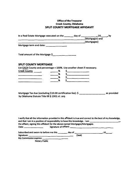 Split County Mortgage Affidavit, Creek County form, first page