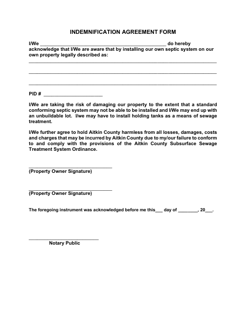 Indemnification Agreement, Aitkin County form, first page