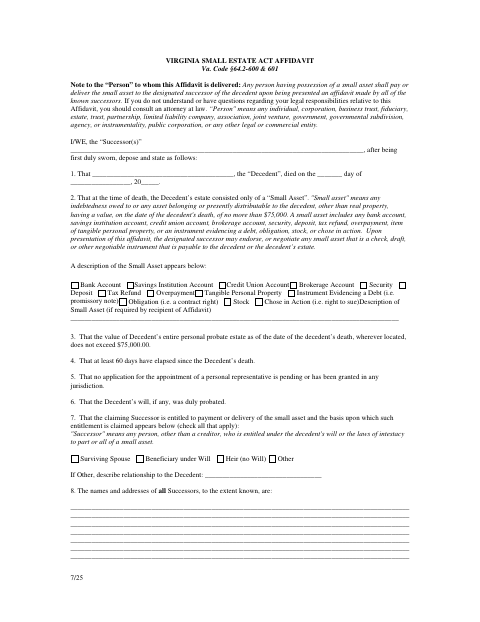 Virginia Small Estate Act Affidavit, James City County form, first page