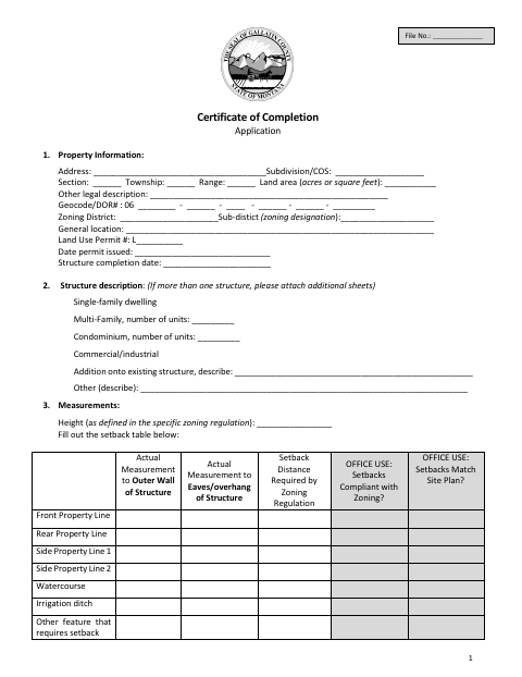 First page of the Certificate of Completion Application