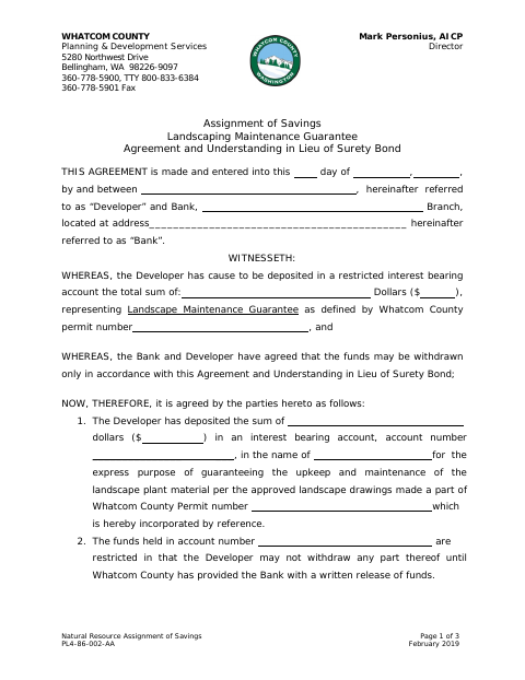 Assignment of Savings Landscaping Maintenance Guarantee Agreement, Whatcom County form, first page