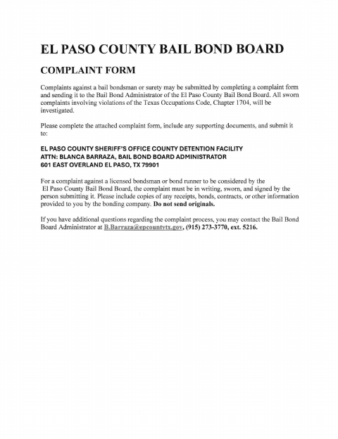 Bail Bond Complaint, El Paso County form, first page