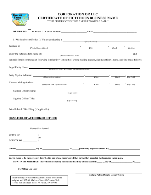 Corporation or LLC Certificate of Fictitious Business Name, Churchill County form, first page