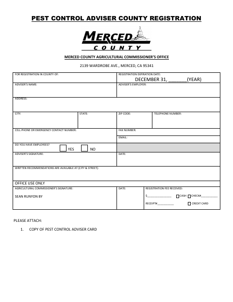 First page of the Pest Control Adviser County Registration