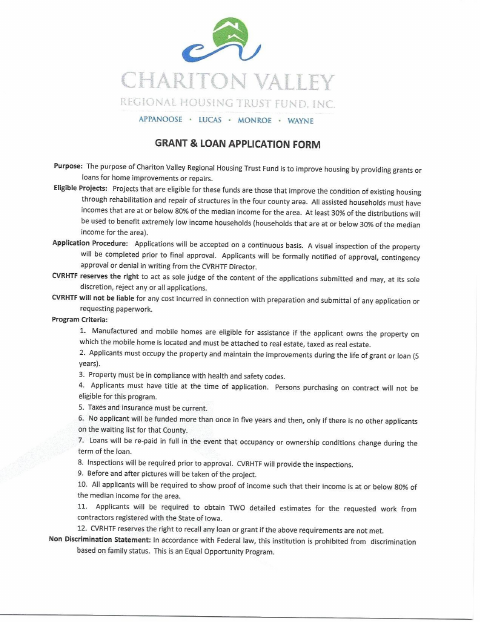 First page of the Home Improvement Grant and Loan Application