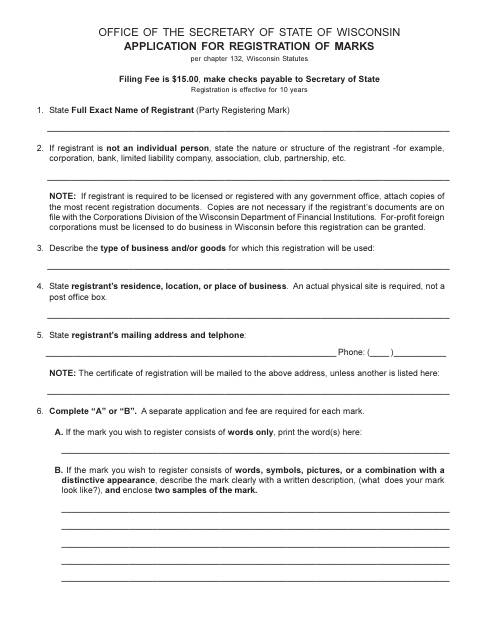 Application for Registration of Marks, Burnett County form, first page