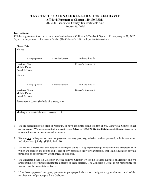 Tax Certificate Sale Registration Affidavit, Ste. Genevieve County form, first page