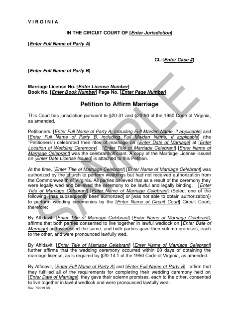 Marriage Affirmation Petition and Order, Fairfax County form, first page