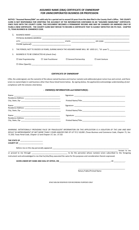 Assumed Name Certificate of Ownership, Crockett County form, first page