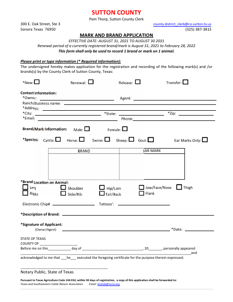 Mark and Brand Application, Sutton County form, first page