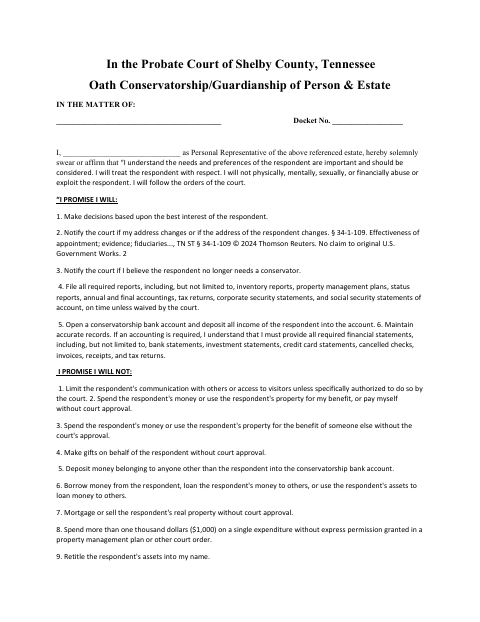 Oath of Conservator or Guardian, Shelby County form, first page