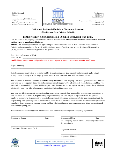 Unlicensed Residential Builder’s Disclosure Statement, Charleston County form, first page