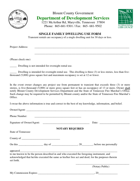 Single-Family Dwelling Use Form, Blount County form, first page