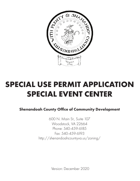 Special Use Permit Application for Special Event Center, Shenandoah County form, first page