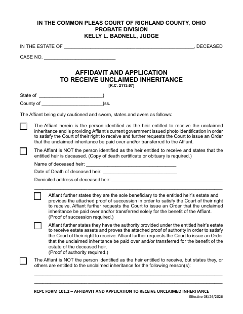 Affidavit And Application To Receive Unclaimed Inheritance, Richland County form, first page