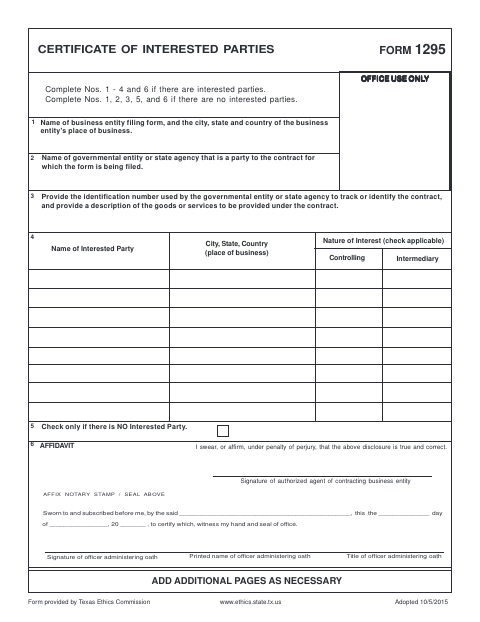 Form 1295 Certificate of Interested Parties, Concho County form, first page