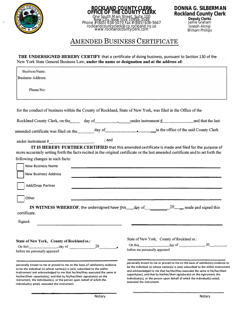 Amended Business Certificate, Rockland County form, first page