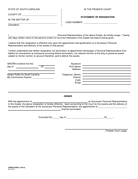Statement of Resignation, Orangeburg County form, first page