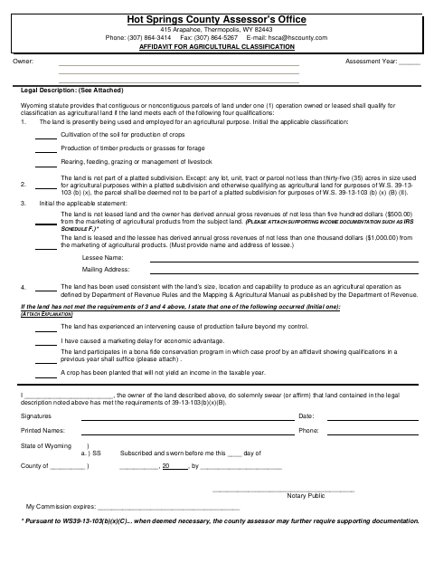 Affidavit For Agricultural Classification, Hot Springs County form, first page