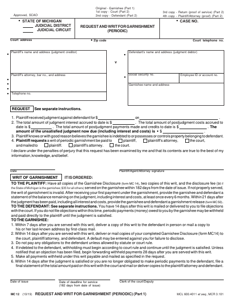 Request and Writ for Garnishment (Periodic), Shiawassee County form, first page