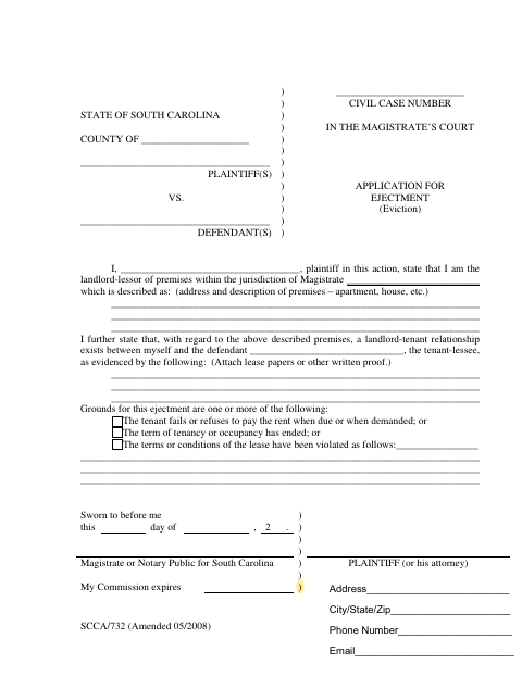 Application for Ejectment, Spartanburg County form, first page