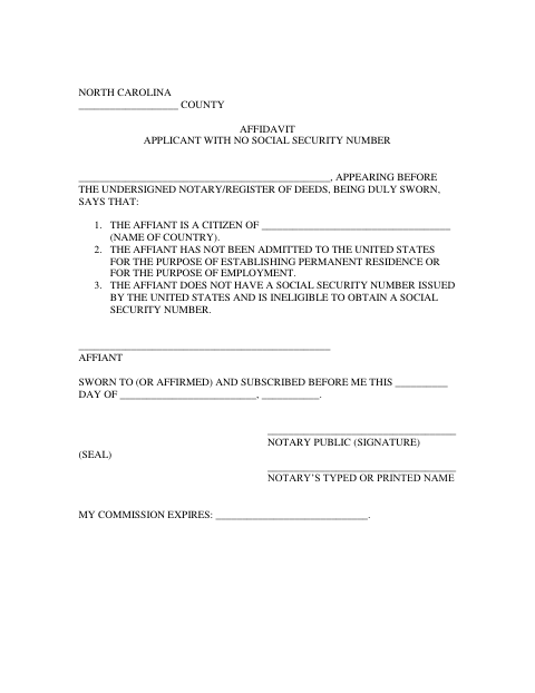 Affidavit of Applicant With No Social Security Number, Onslow County form, first page