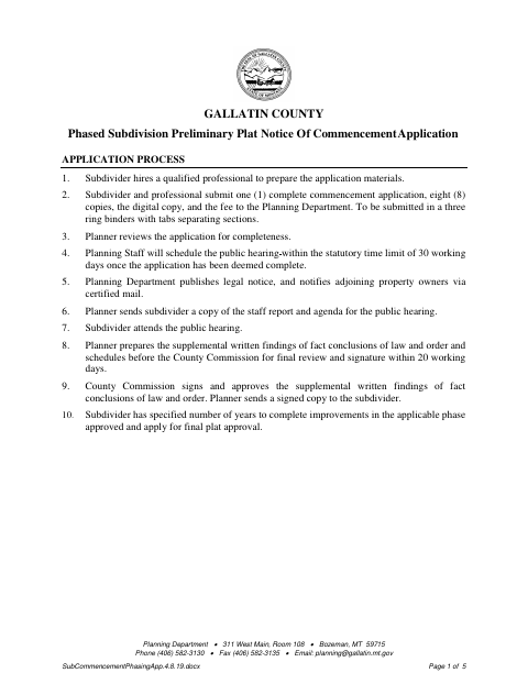 First page of the Phased Subdivision Preliminary Plat Notice of Commencement Application