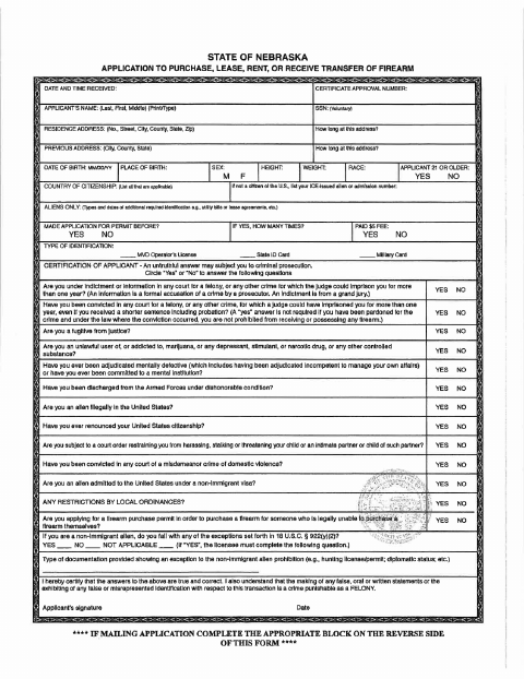 First page of the Application to Purchase, Lease, Rent, or Receive Transfer of Firearm