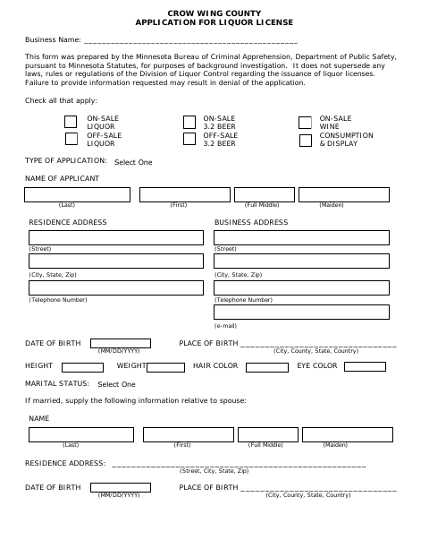 Application for Liquor License, Crow Wing County form, first page