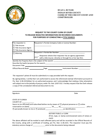 Title Search Affidavit — Indian River County form, first page