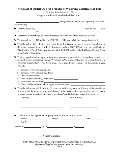 Affidavit of Distributee for Transfer of Wyoming Certificate of Title, Albany County form, first page