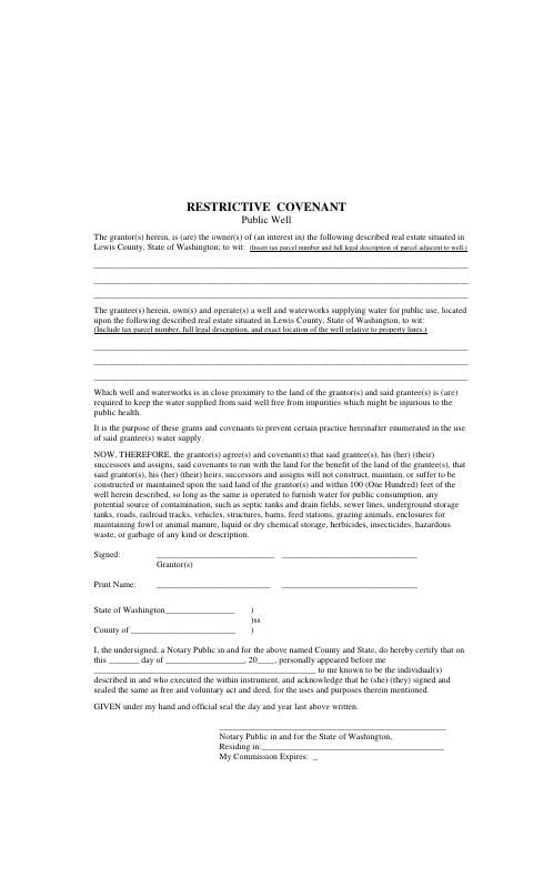 Restrictive Covenant, Lewis County form, first page