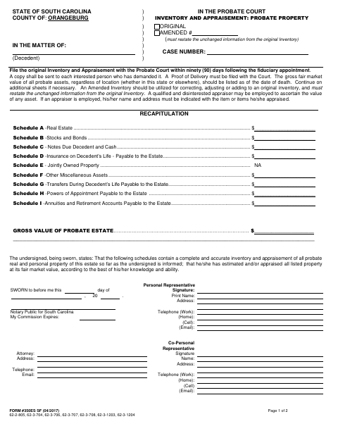 Inventory and Appraisement, Orangeburg County form, first page