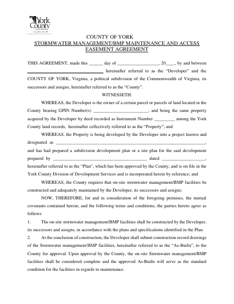 Stormwater Management/BMP Maintenance and Access Easement Agreement, York County form, first page