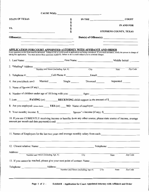 Application for Court-Appointed Attorney With Affidavit and Order, Stephens County form, first page