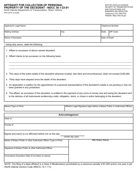 SFN 2916 Affidavit for Collection of Personal Property of the Decedent first page