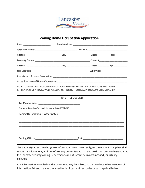 Home Occupation Application, Lancaster County form, first page
