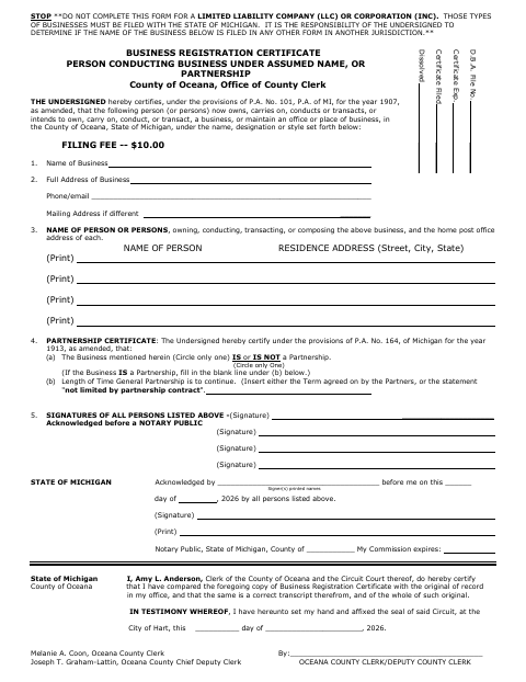 Business Registration Certificate, Oceana County form, first page