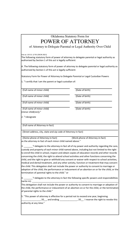Power of Attorney to Delegate Parental or Legal Custodian Powers, Grady County form, first page