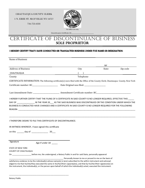Certificate of Discontinuance of Business for Sole Proprietorship, Chautauqua County form, first page