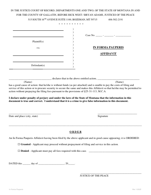 First page of the In Forma Pauperis Affidavit