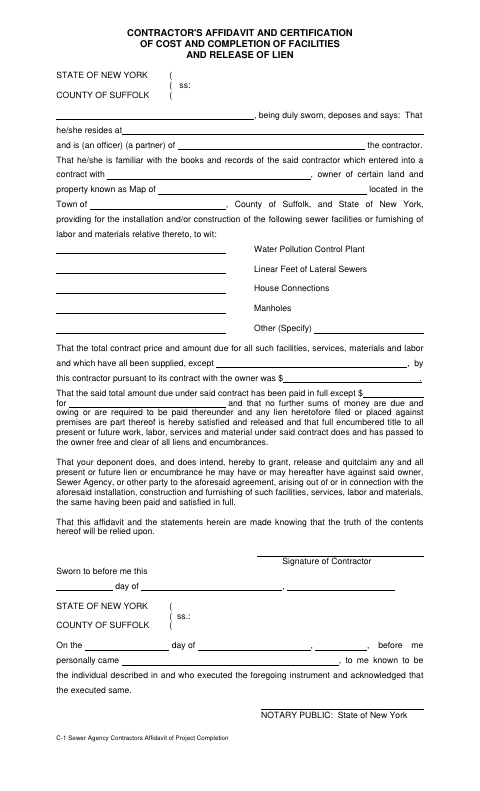 Contractor's Affidavit and Certification of Cost and Completion of Facilities and Release of Lien, Suffolk County form, first page