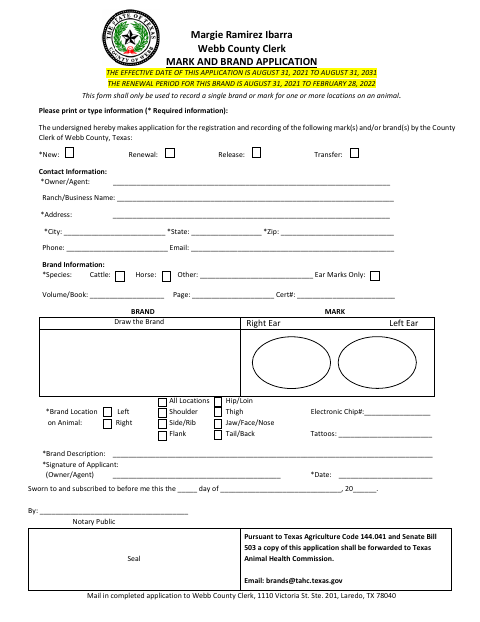 Mark and Brand Application, Webb County form, first page