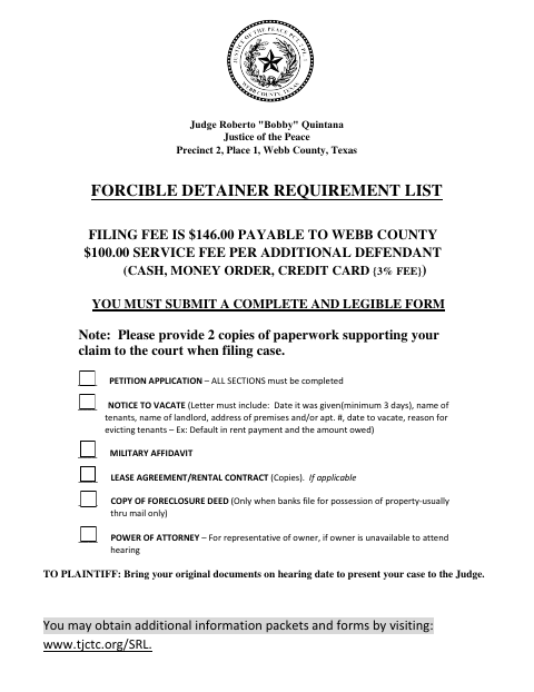 Eviction Claim Package, Webb County form, first page