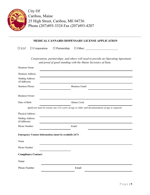 First page of the Medical Cannabis Dispensary License Application