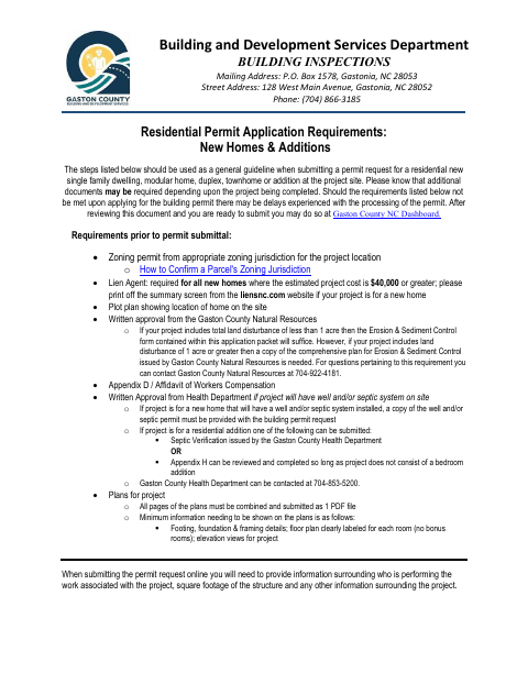 Residential Permit Application Requirements: New Homes And Additions, Gaston County form, first page