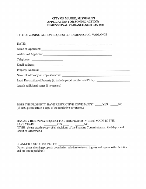 First page of the Dimensional Variance Application