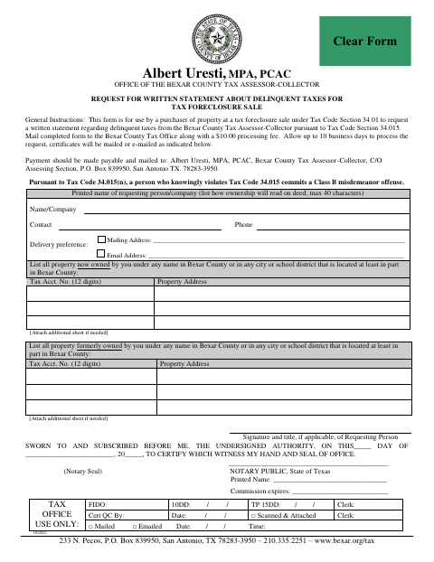 Request for Written Statement About Delinquent Taxes for Tax Foreclosure Sale, Bexar County form, first page